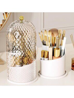 360° Rotating Makeup Brush Holder with Lid | Waterproof, Dustproof Organizer for